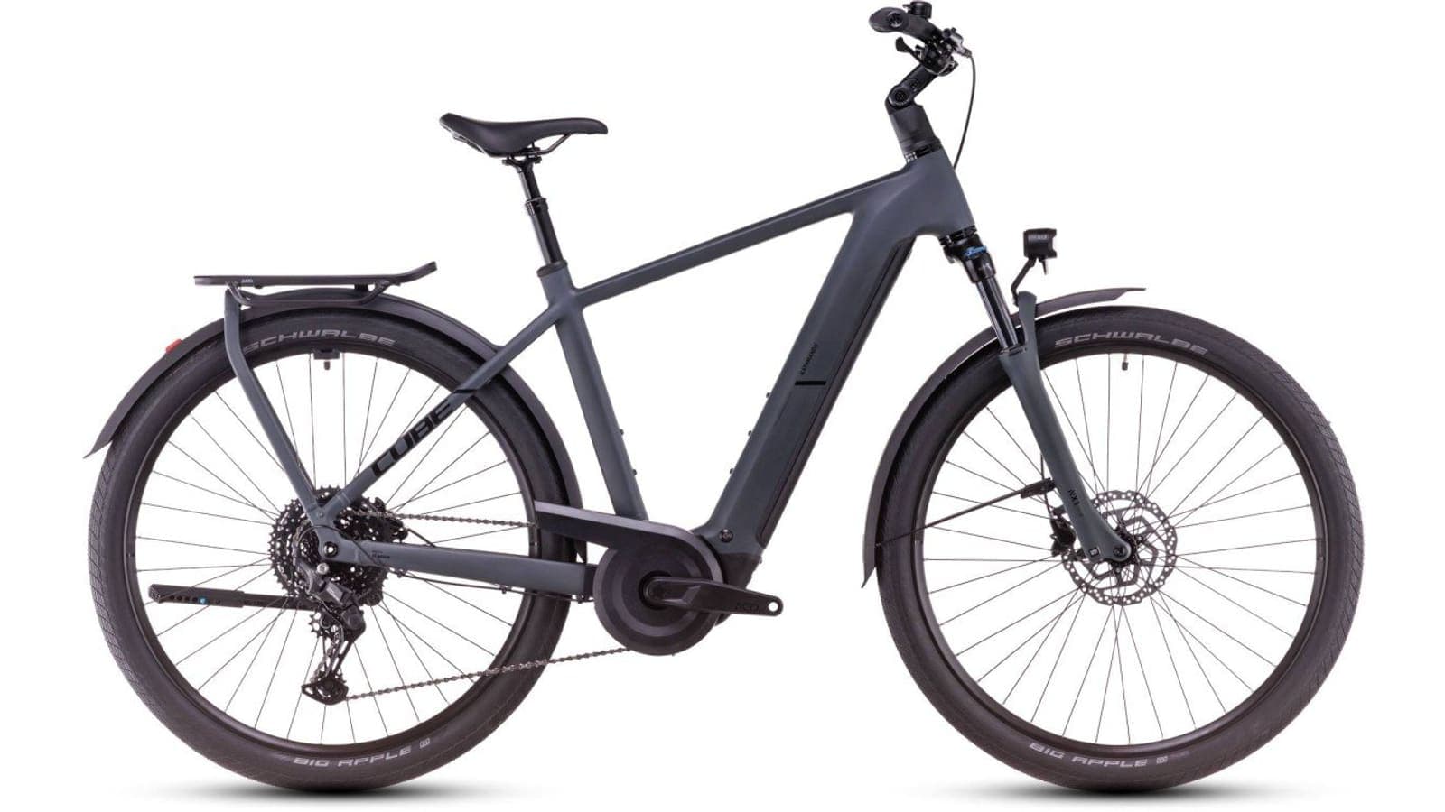 Cube Kathmandu Hybrid ONE in metallic grijs, zijaanzicht met verende voorvork, middenmotor en geïntegreerde bagagedrager